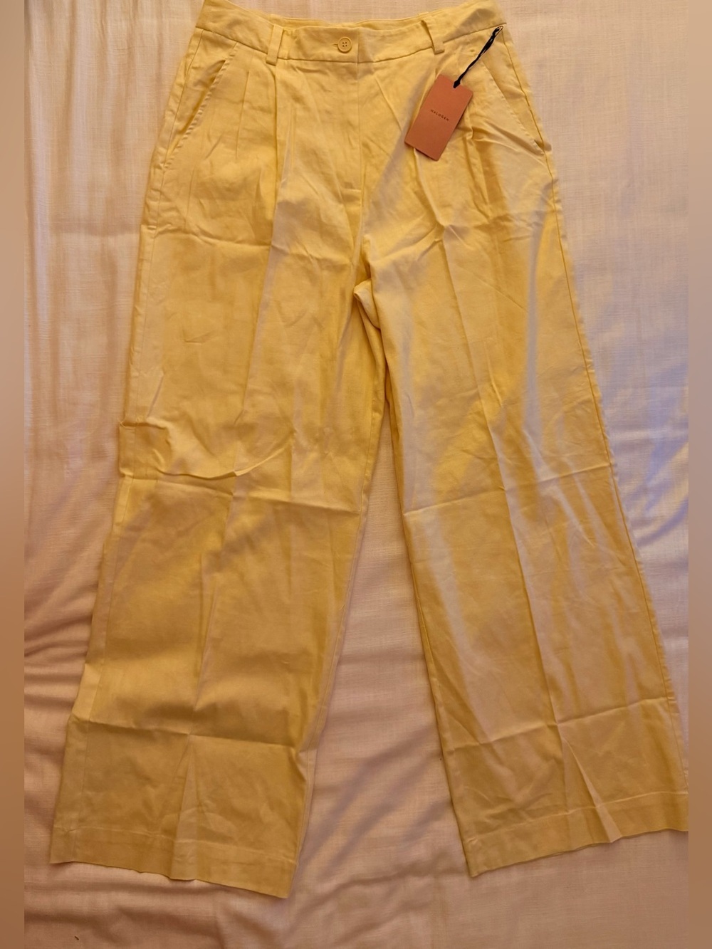 Halogen Pleated High Waist Linen Blend Wide Leg Dress Pants Yellow 10 NWOT - Picture 5 of 7